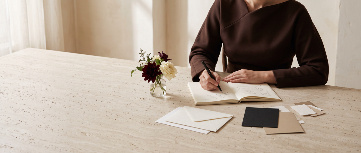 A woman in a dark brown long-sleeve top sits at a light beige stone desk, writing in an open notebook. A small vase of flowers, white cards, and a black card are arranged on the desk in a warm, softly lit interior setting.