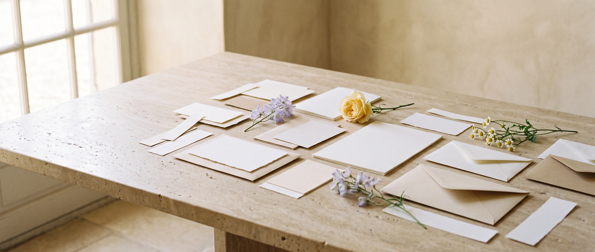 A styled stationery set arranged on a light stone table, including cream and kraft envelopes, cards, and small floral accents in yellow and lavender, photographed in a softly lit interior.