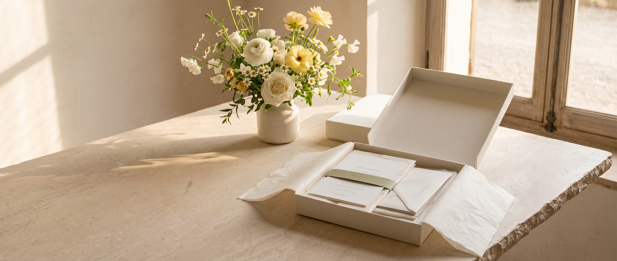 A white gift box with its lid open sits on a light stone table beside a vase of white and yellow flowers, in a softly lit interior near a window.