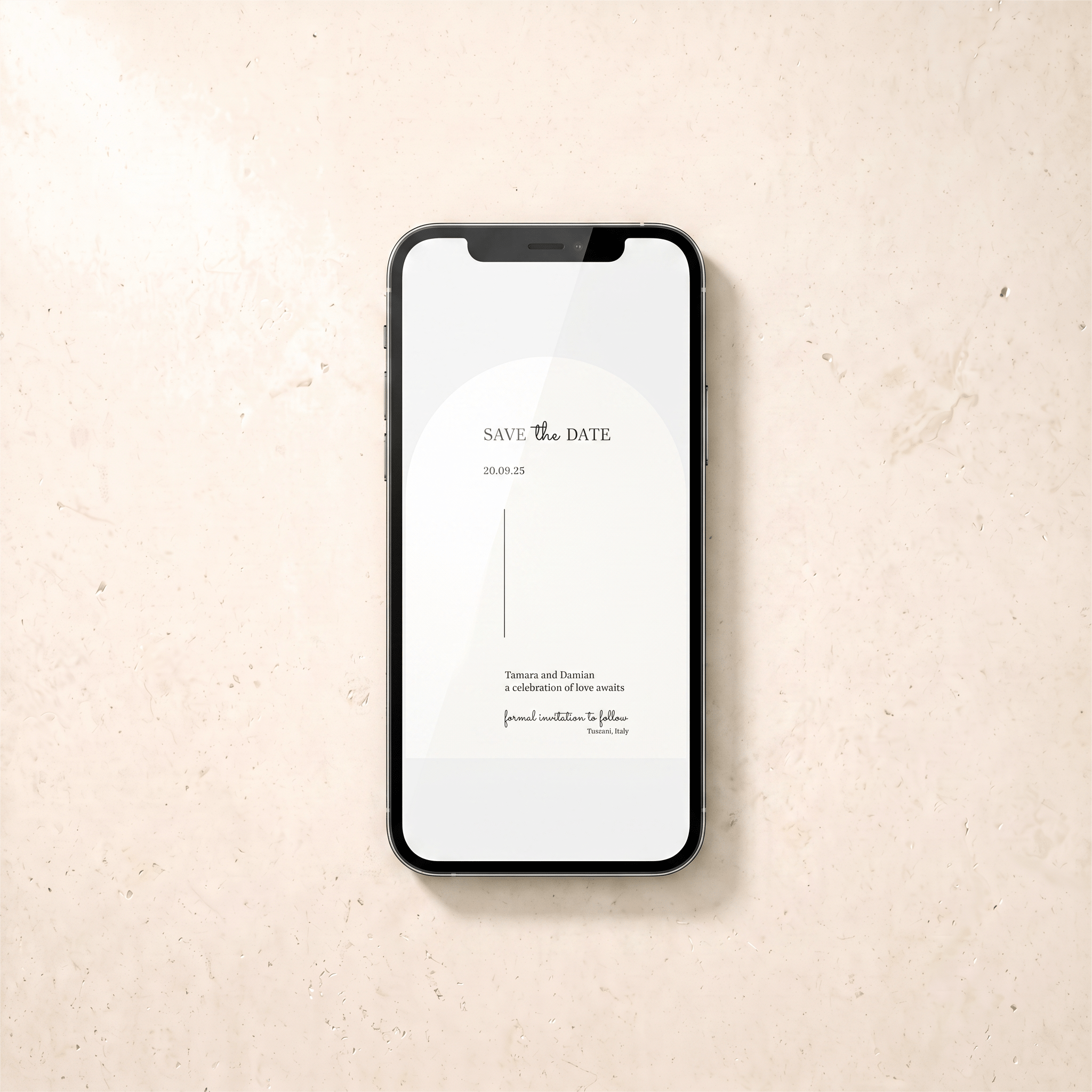 A black smartphone lying on a light beige textured surface, displaying a minimalist 'Save the Date' card design on its screen.