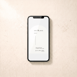 A black smartphone lying on a light beige textured surface, displaying a minimalist 'Save the Date' card design on its screen.
