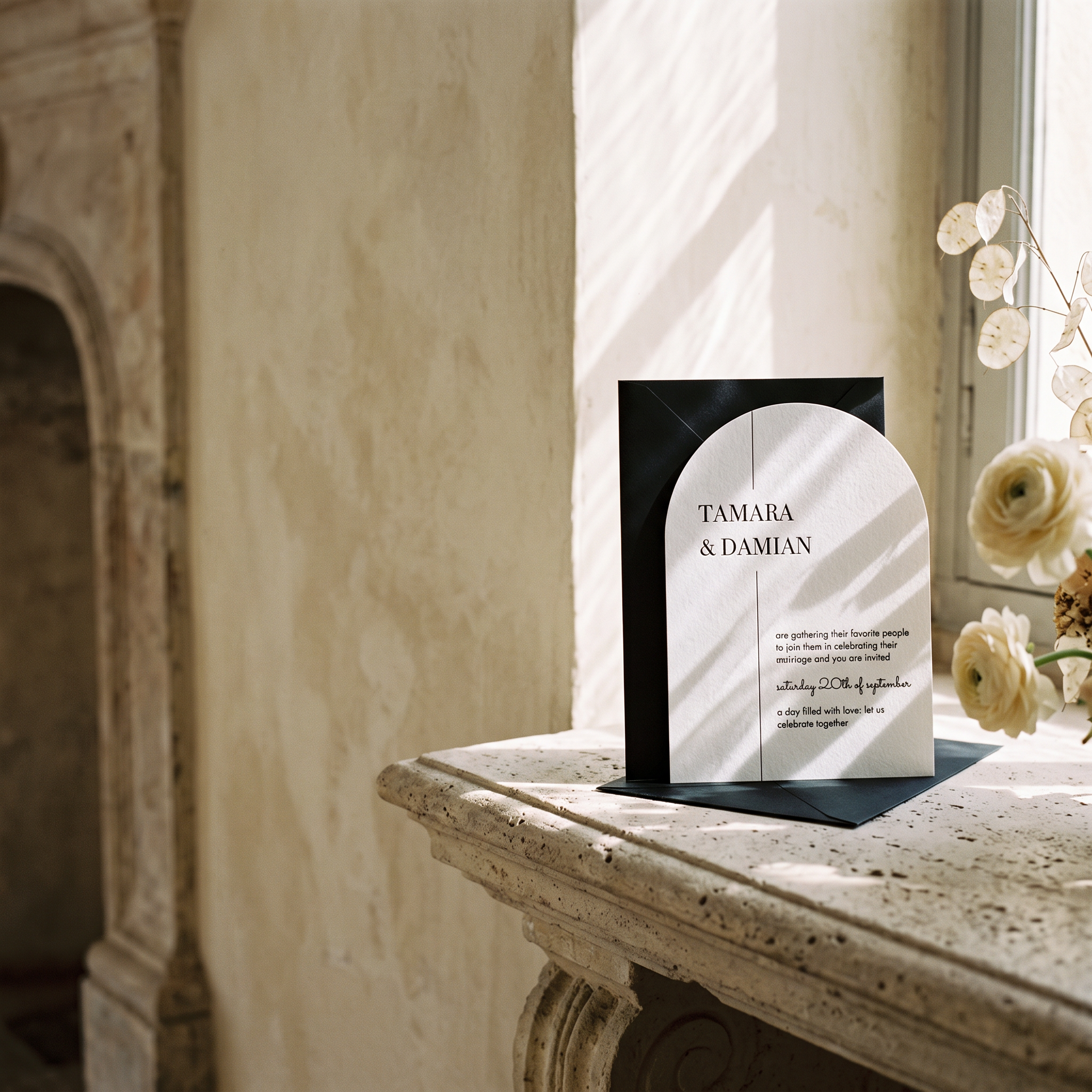 A wedding invitation card and matching envelope displayed on a stone mantelpiece in a sunlit room. The invitation features a black arch over a white background with elegant serif text reading 'TAMARA & DAMIAN' and smaller script text below.