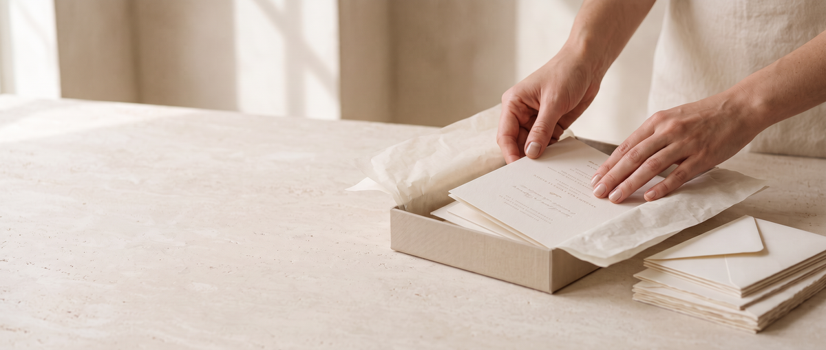 A person's hands are shown opening a kraft paper box with tissue paper and stationery inside, alongside a stack of matching envelopes on a light beige table.