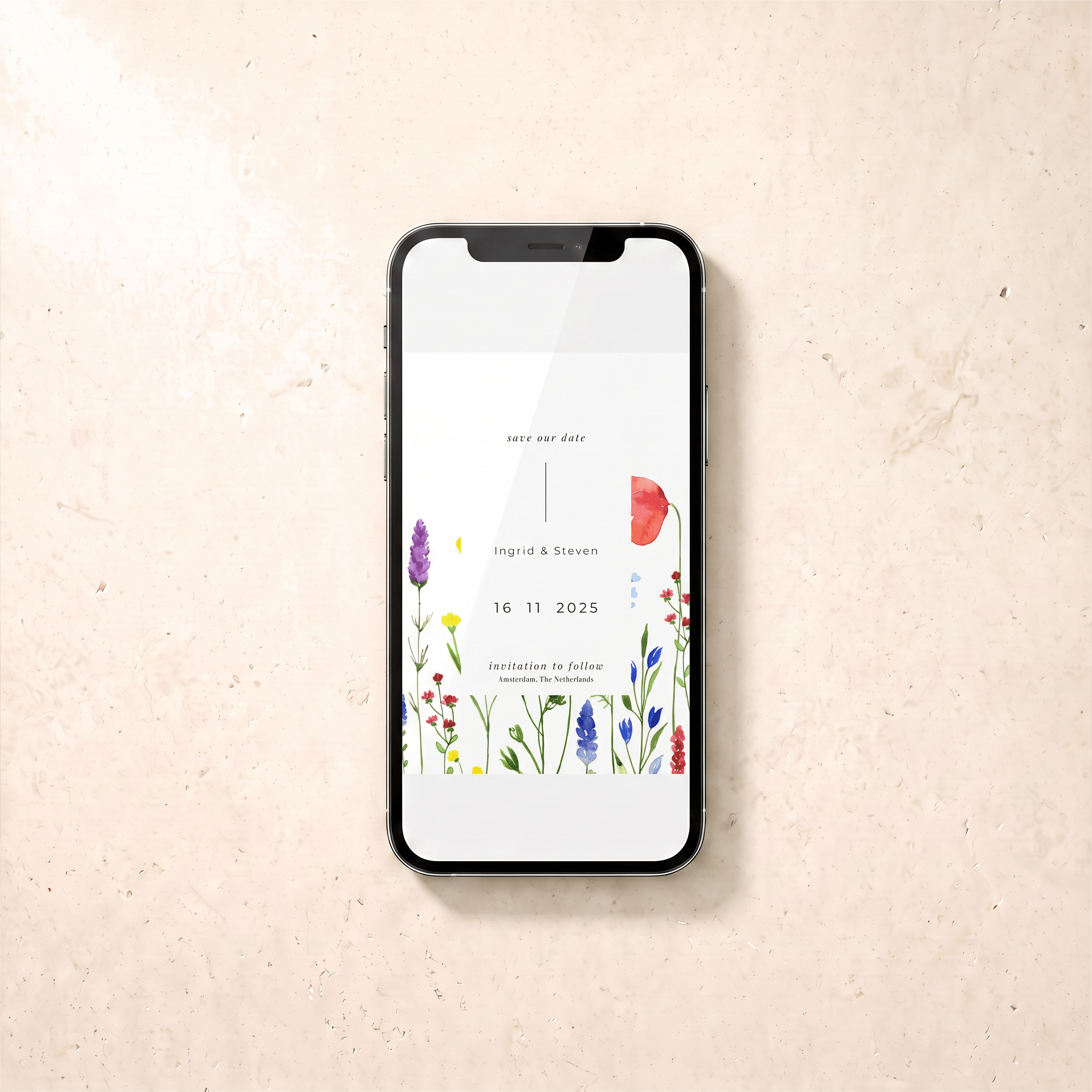 A black smartphone lying on a light beige textured surface, displaying a wedding save-the-date card design with floral illustrations and the names 'Higuchi & Steven' and the date '16 11 2025'.