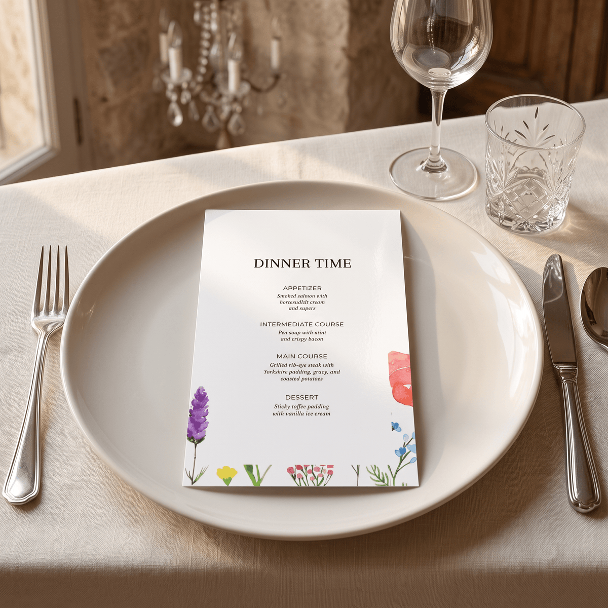 A printed dinner party menu card with floral illustrations sits on a white plate in a beautifully set dining table. The table is styled with a silver fork, silver knife, a clear glass, a wine glass, and a cream-colored tablecloth.
