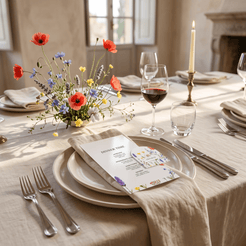 A beautifully set dining table in a sunlit room, featuring white plates, silver cutlery, clear wine glasses, cream taper candles, and floral centerpieces with red, yellow, blue, and purple flowers.