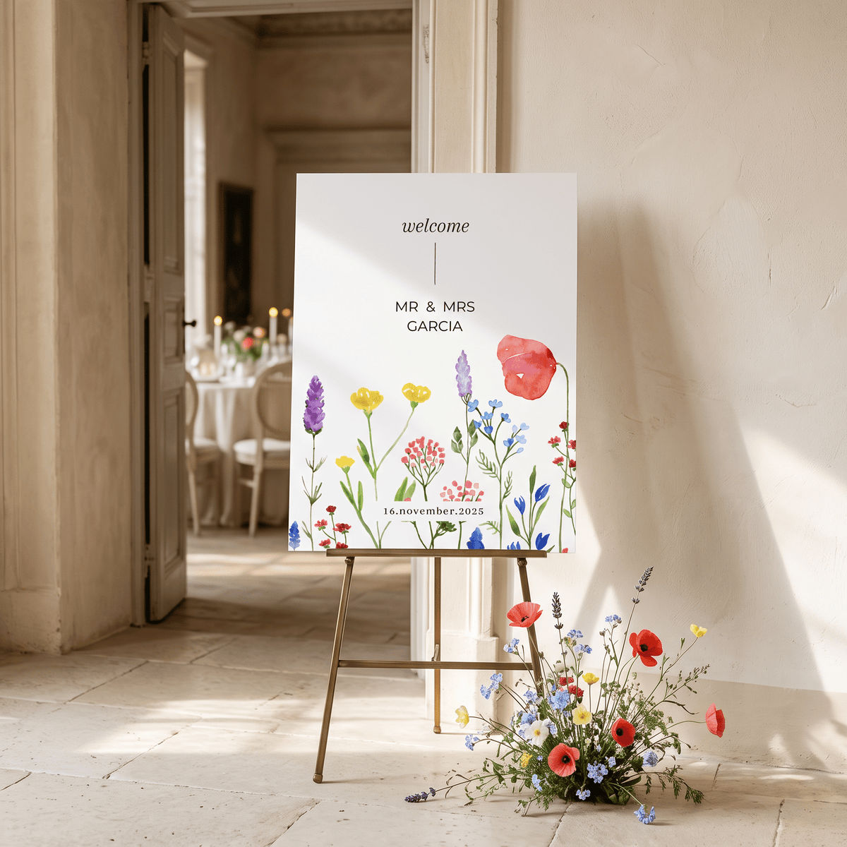 A vertical white wedding welcome sign on a wooden easel, printed with 'welcome', 'MR & MRS. GARCIA', and a colorful watercolor floral border.