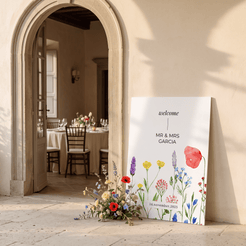 A large vertical white wedding welcome sign leaning against a beige stone wall outdoors, decorated with colorful watercolor flowers and personalized text reading 'welcome', 'MR & MRS GARCIA', and the date '16.09.