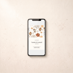A smartphone centered on a light beige textured surface, displaying a wedding save-the-date card design with floral illustrations and the names Naomi & Lennard with the date 12-07-25.