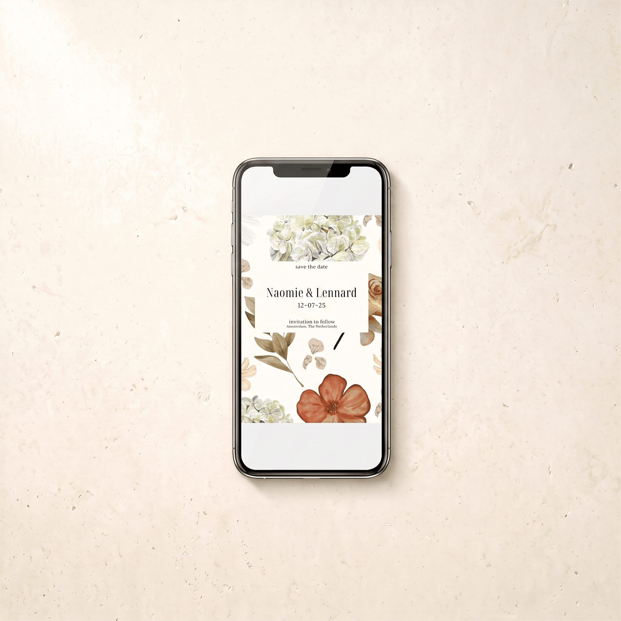 A smartphone lying on a light beige textured surface, displaying a floral 'save the date' card with the names Xiaomie & Lennard and the date 12-07-23.
