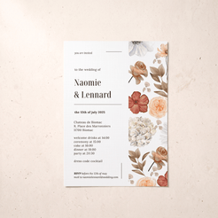 A floral wedding invitation card with elegant typography and watercolor-style flowers in muted peach, pink, cream, and olive tones, displayed on a light beige textured background.