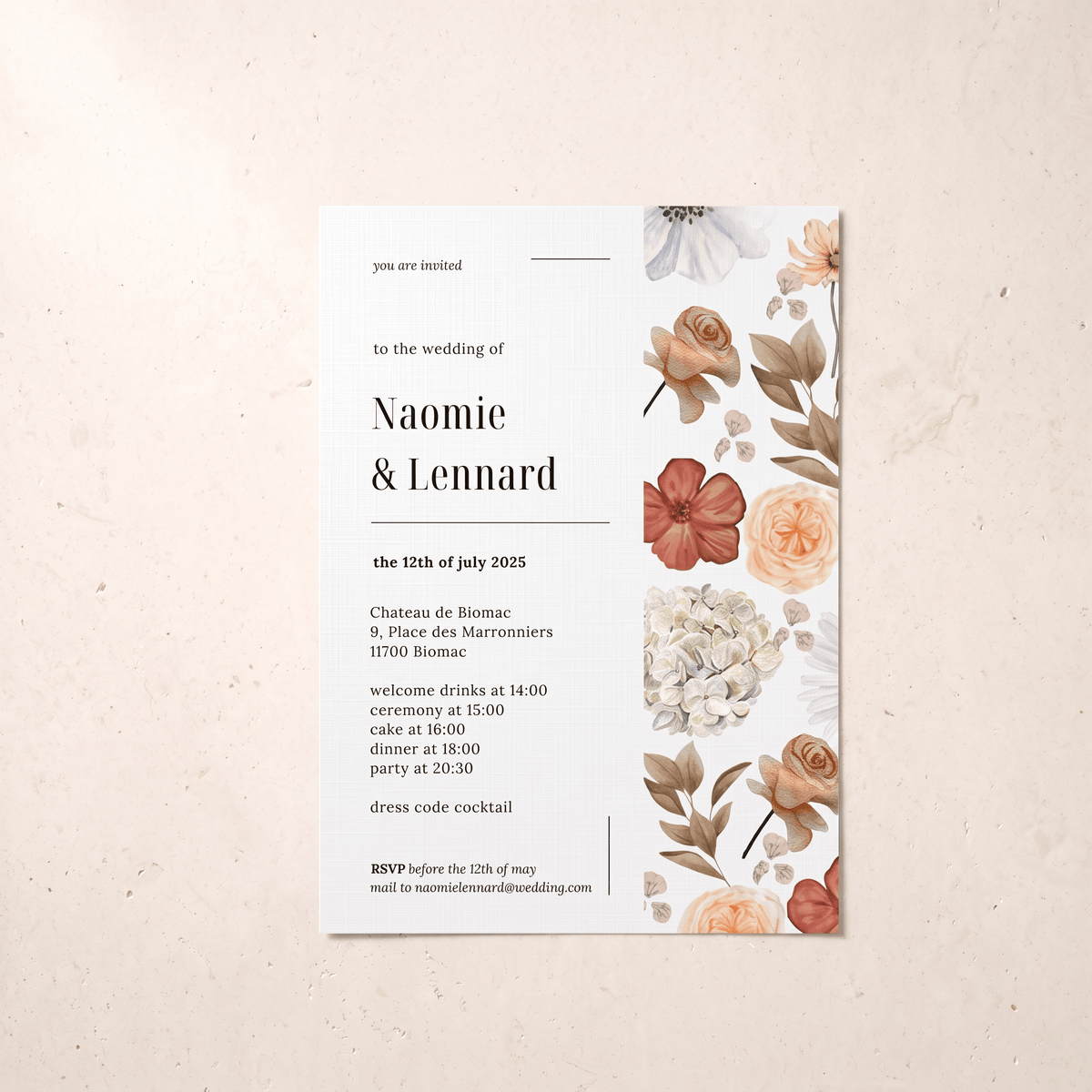 A floral wedding invitation card with elegant typography and watercolor-style flowers in muted peach, pink, cream, and olive tones, displayed on a light beige textured background.