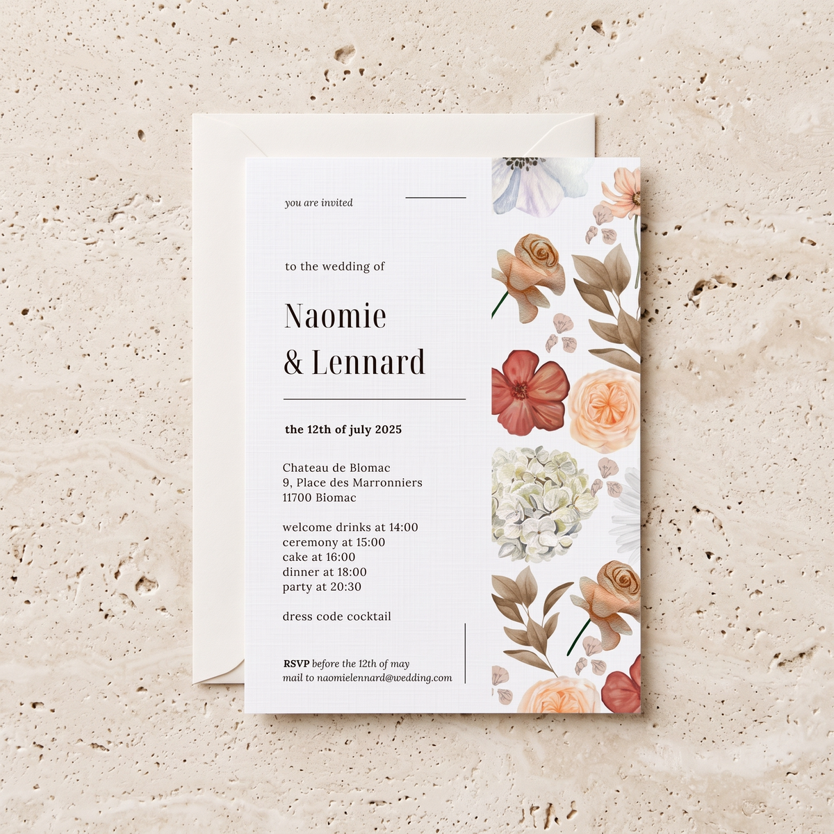 A floral wedding invitation card with a matching envelope, styled flat-lay on a textured beige stone surface. The card features elegant typography and a watercolor-style floral design on the right side in soft peach, pink, cream, and muted green tones.