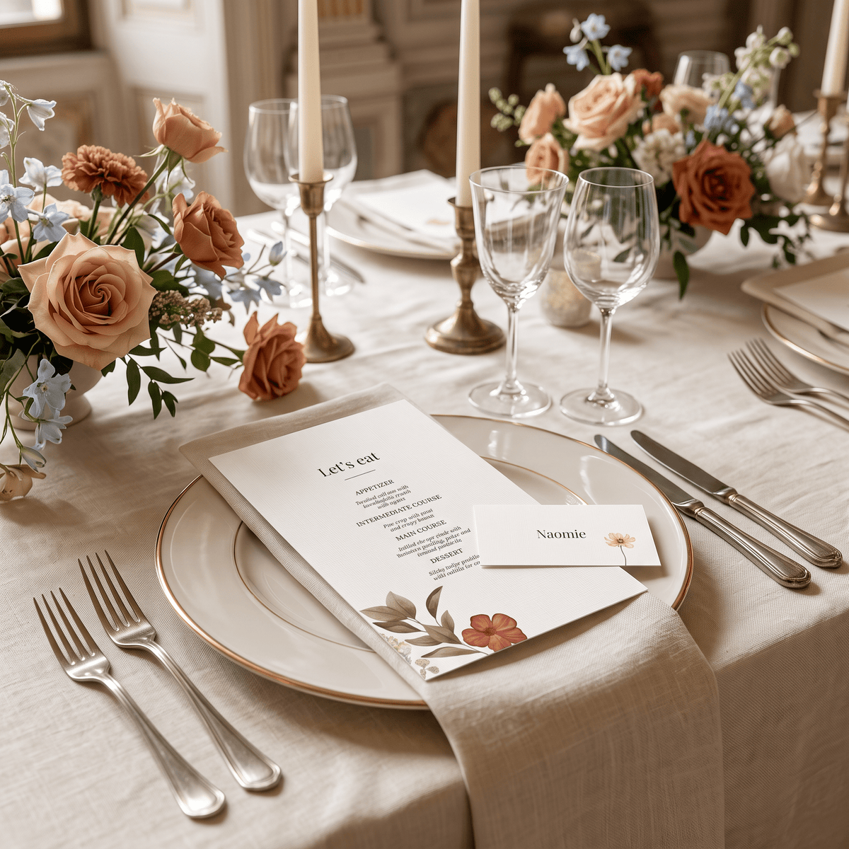A styled wedding table setting with a cream tablecloth, gold-rimmed plates, silver cutlery, clear wine glasses, and floral centerpieces. A printed program or invitation card reading 'Let's eat' and a small name card reading 'Natalie' rest on the table.