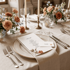 A styled wedding table setting with a cream tablecloth, gold-rimmed plates, silver cutlery, clear wine glasses, and floral centerpieces. A printed program or invitation card reading 'Let's eat' and a small name card reading 'Natalie' rest on the table.