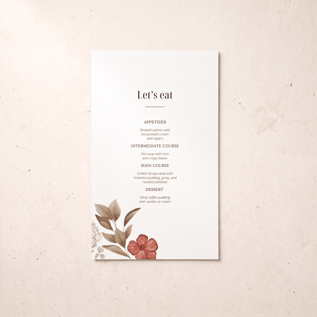 A vertical wedding program or menu card with elegant typography and floral illustrations, displayed flat against a textured beige background.
