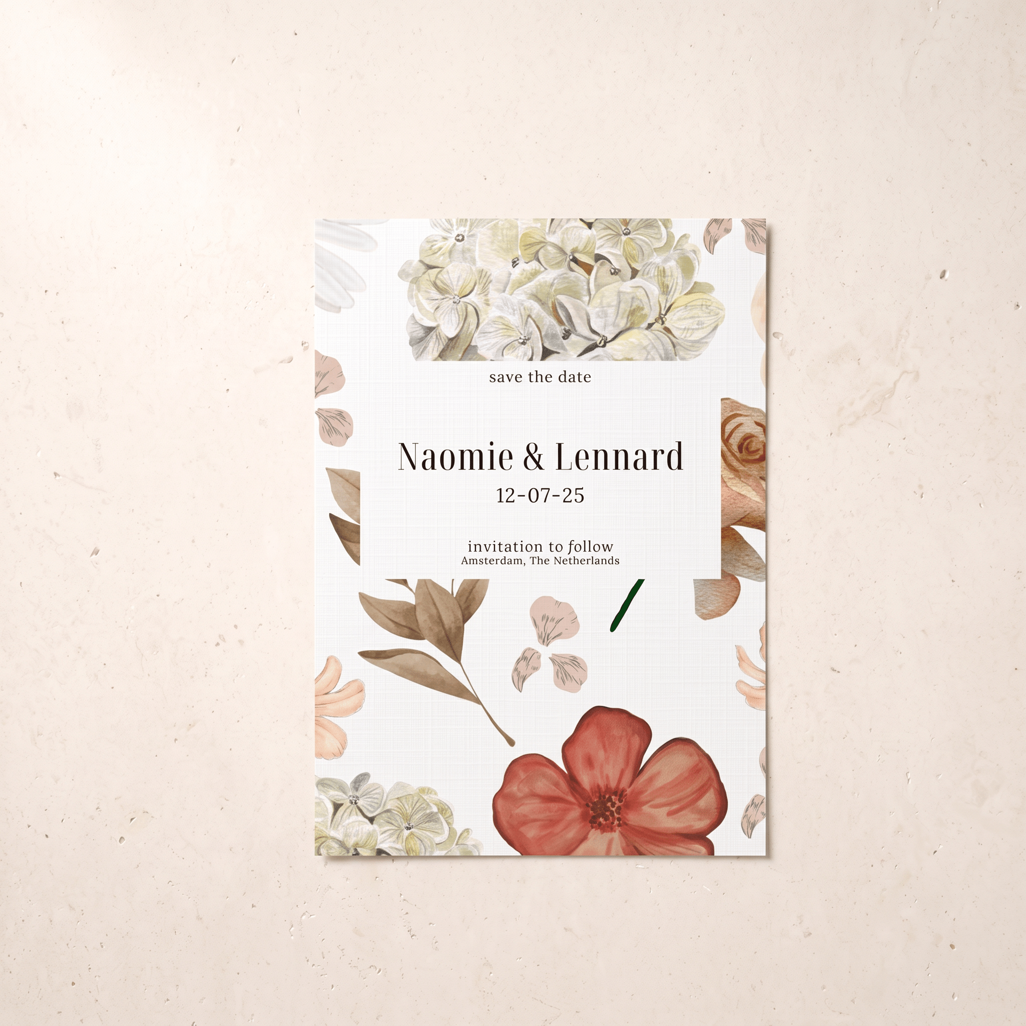 A vertical 'save the date' card featuring watercolor floral illustrations, including a prominent red flower at the bottom and white hydrangeas at the top, displayed on a textured beige background.
