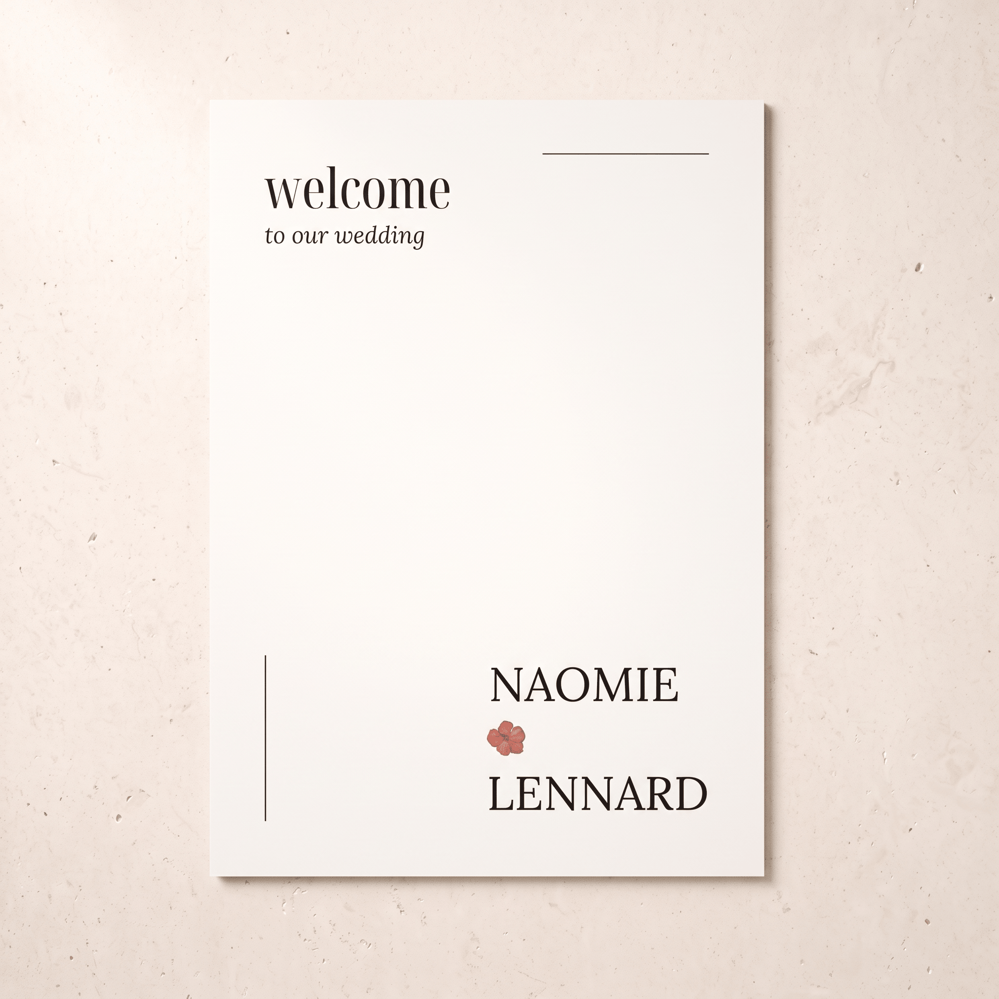 A minimalist wedding welcome card with black text reading 'welcome to our wedding' and the names 'NAOMIE' and 'LENNARD' separated by a small pink flower, shown on a light beige textured background.