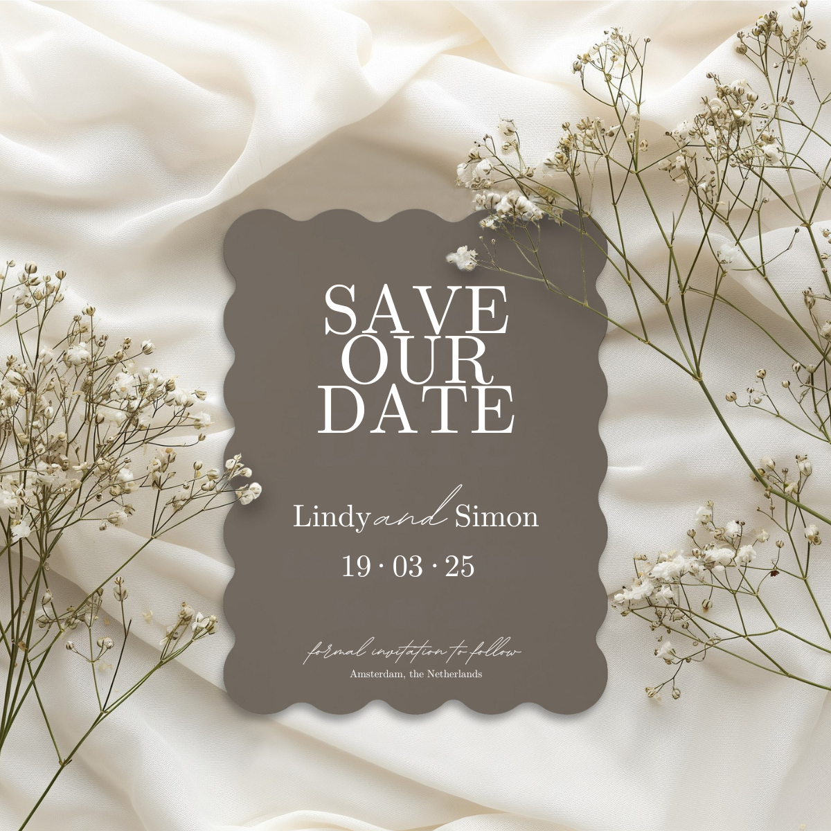 wedding save the date white anthracite scalloped elegance design