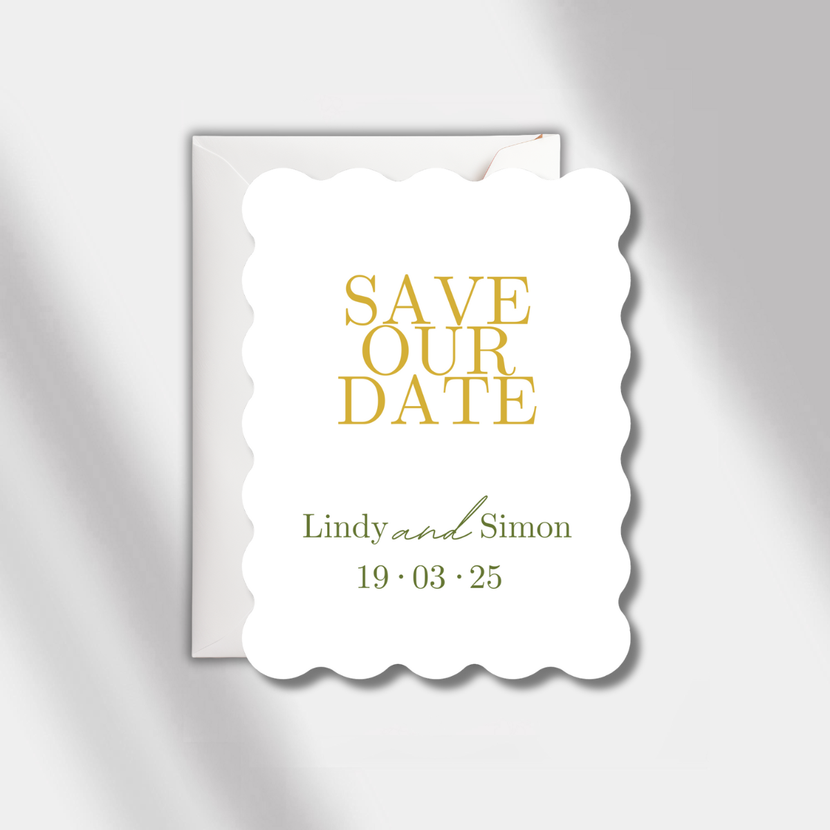 save the date gold/olive green scalloped elegance