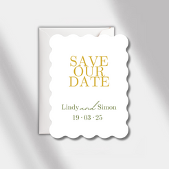 save the date gold/olive green scalloped elegance