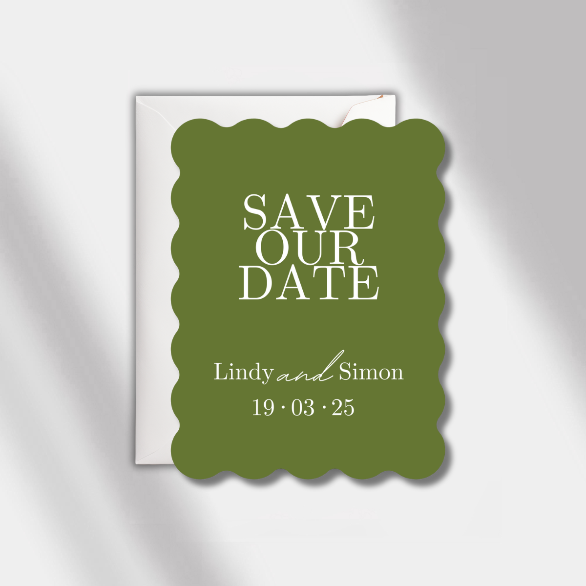 save the date olive green scalloped elegance