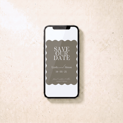 A smartphone centered on a light beige stone-like surface, displaying a 'Save Our Date' invitation card design with a muted taupe background and white text.