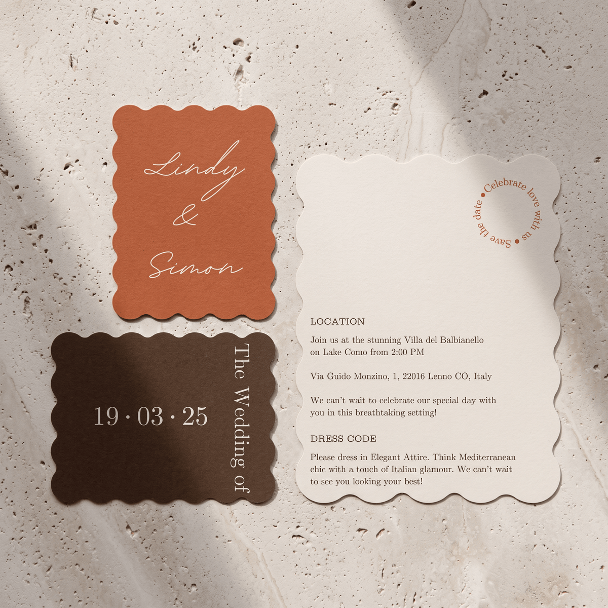 A wedding invitation suite featuring three coordinated scalloped-edge cards: a terracotta orange card with white script reading 'Lindy & Simon,' a dark brown card with the wedding date '19.03.