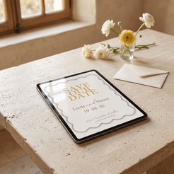 A tablet on a stone table displaying a wedding save-the-date card design, with cream envelopes and small white and yellow flowers nearby in a softly lit interior setting.