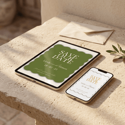 A styled flat-lay mockup of a digital 'Save the Date' invitation design shown on a tablet and smartphone, placed on a beige stone ledge next to a cream envelope and olive leaves.