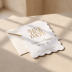 A scalloped white 'Save Our Date' card with gold typography lies on top of a matching cream envelope on a warm beige stone surface, lit by soft natural shadows.