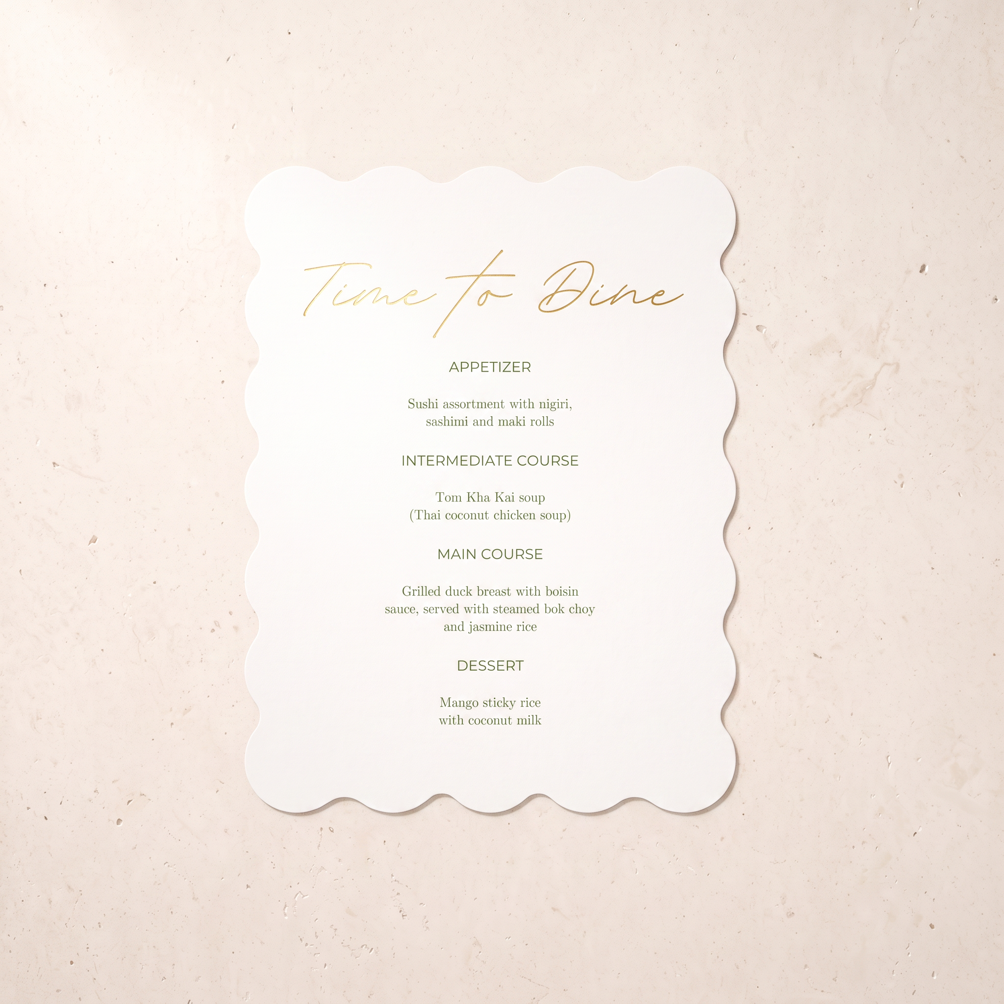 A scalloped white paper menu card with elegant gold foil text reading 'Time to Dine' and black printed meal options, placed on a light beige textured surface.