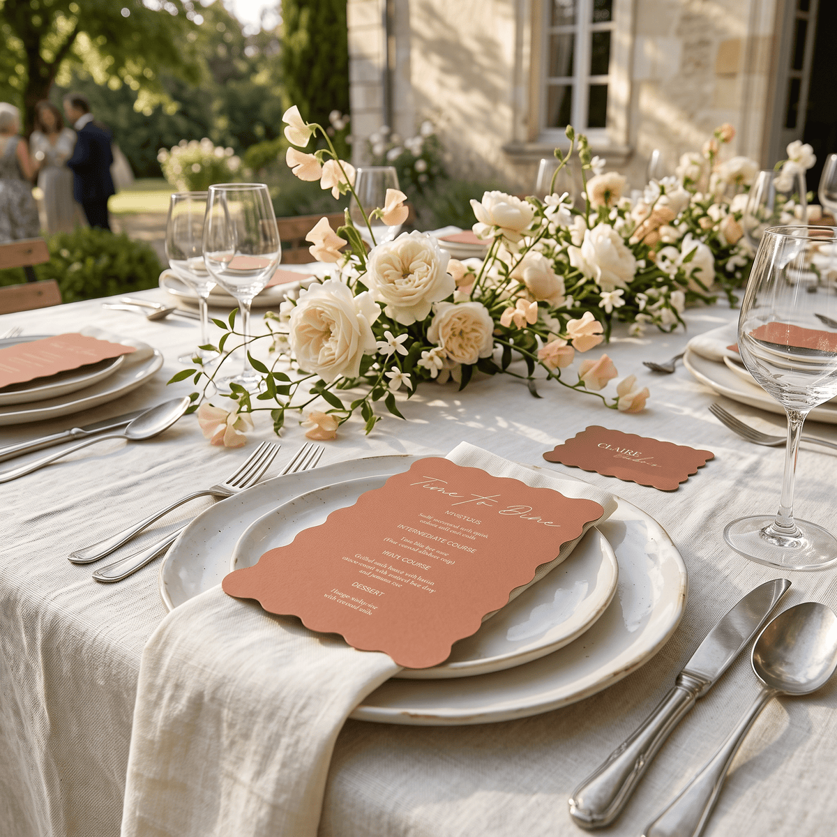 A styled wedding table setting with white plates, silver cutlery, clear wine glasses, and a peach scalloped paper menu card. The table is decorated with a floral centerpiece of cream and peach roses with green foliage, set outdoors on a beige tablecloth with a stone building and garden visible in the background.