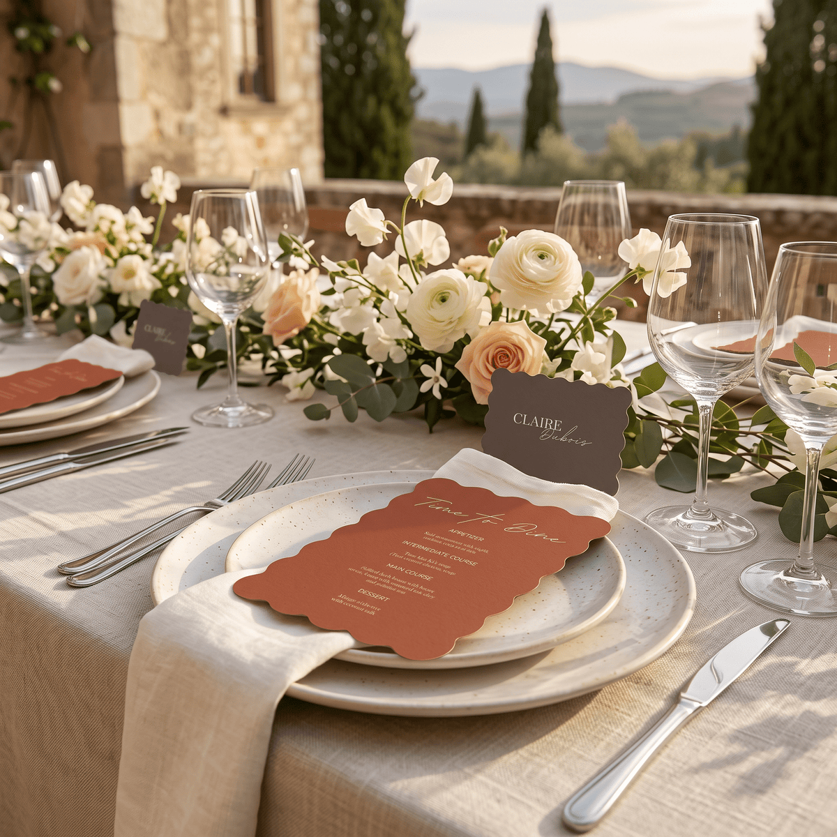 A styled wedding table setting with a terracotta paper place card, white plates, silver cutlery, clear wine glasses, and a floral centerpiece on a beige tablecloth, with a stone wall and distant hills in the background.