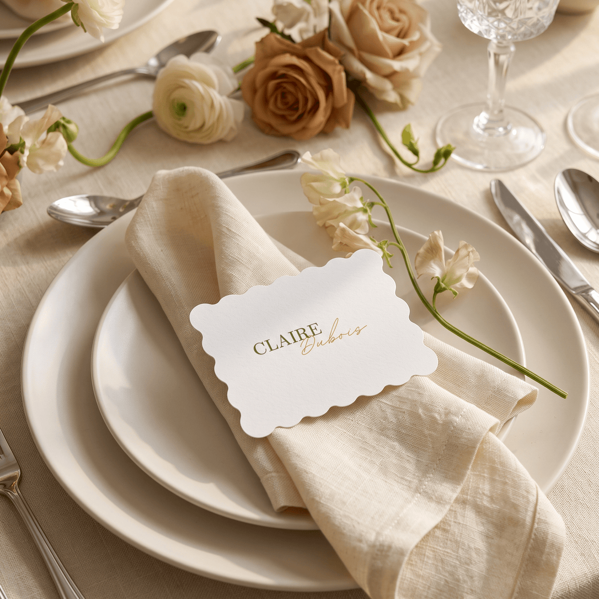 A styled table setting with stacked white plates, a cream linen napkin, silver cutlery, and pale flowers. A scalloped white place card reading 'CLAIRE & Fabian' is placed on the napkin.