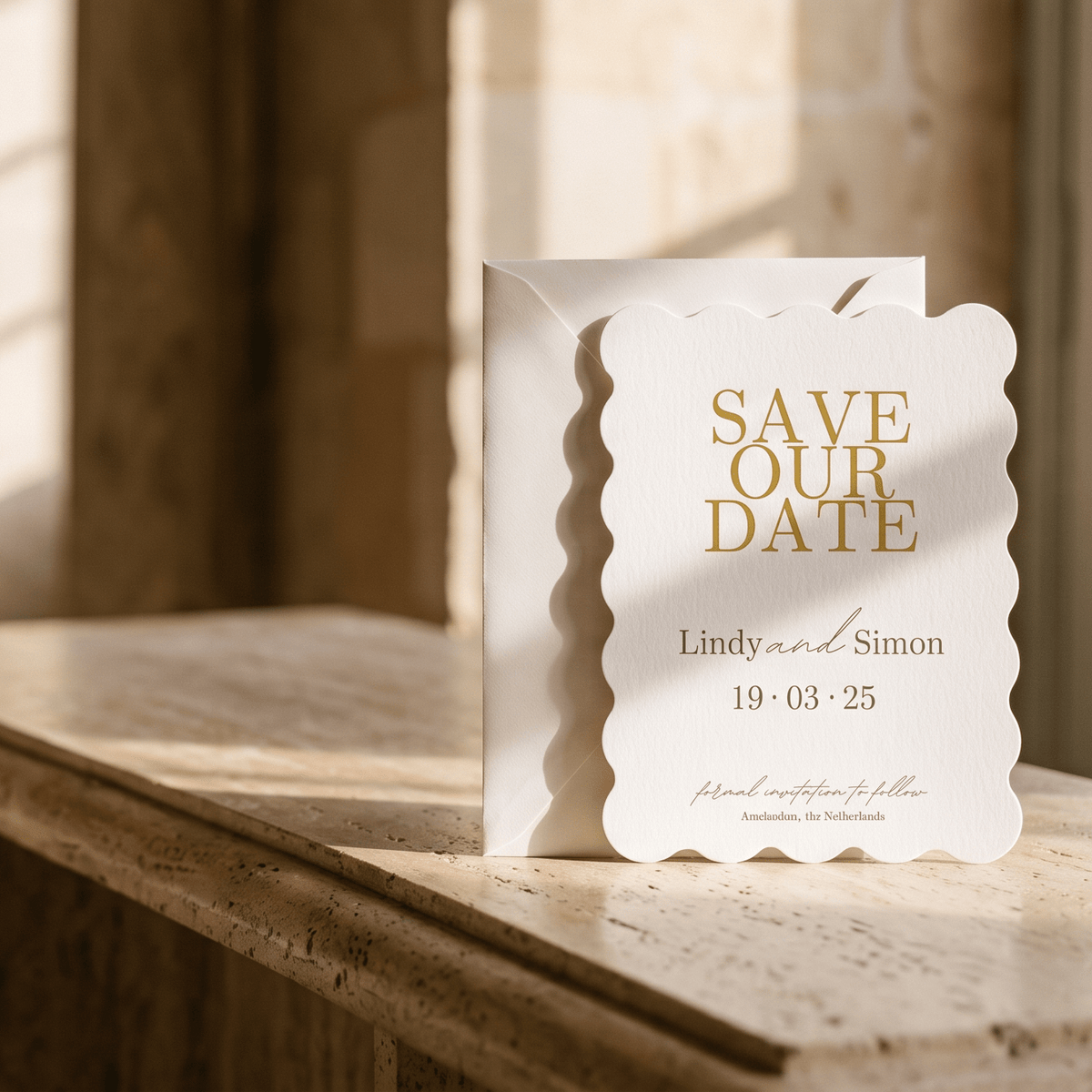 A white scalloped 'Save the Date' card with gold lettering stands on a rustic marmer table in a warm, sunlit interior setting with flowers and a glass in the foreground.