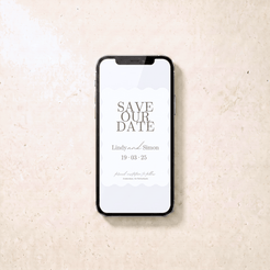 A smartphone centered on a light beige textured surface, displaying a minimalist 'Save Our Date' invitation with the names 'Lindy and Simon' and the date '19.03.