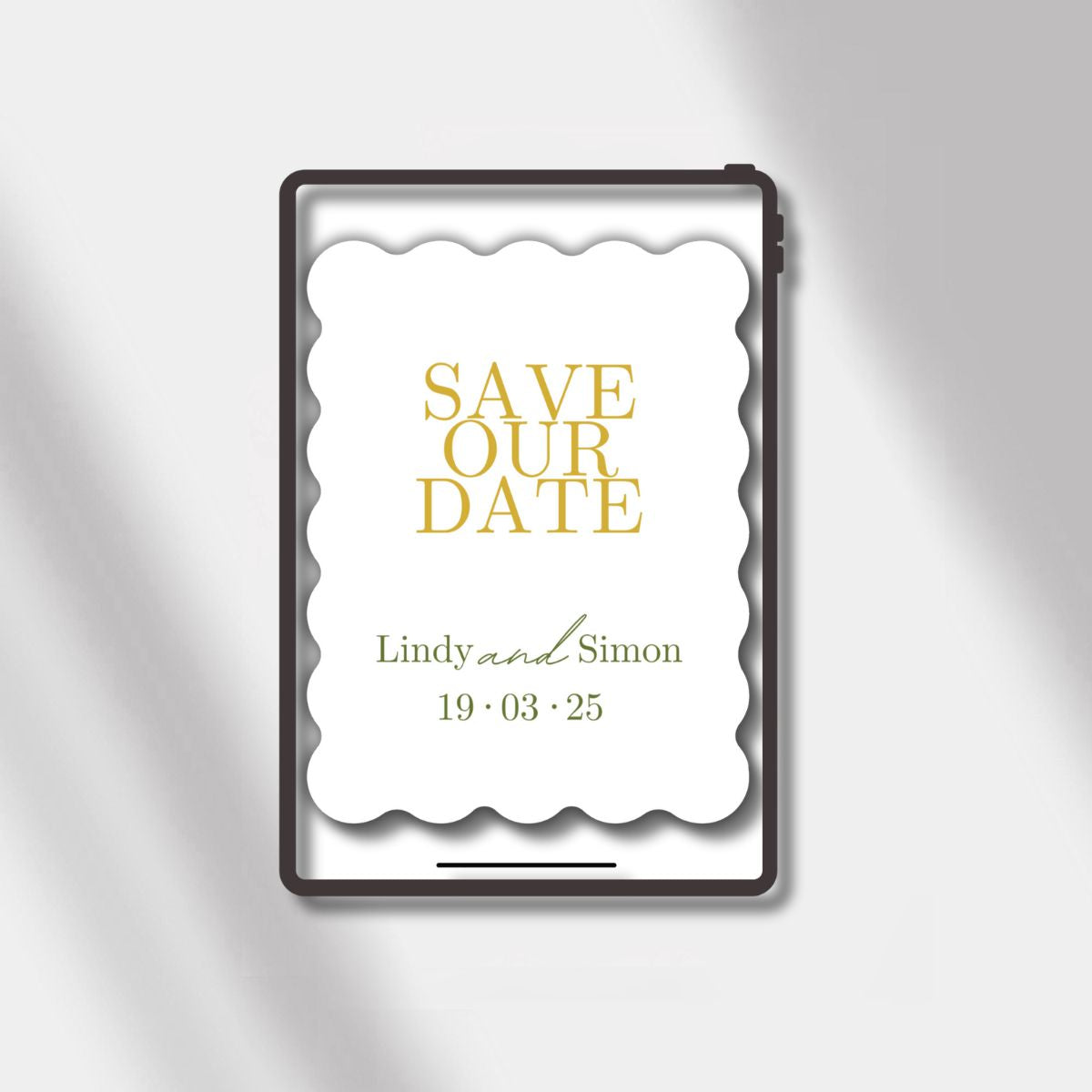 esave the date gold/olive green scalloped elegance