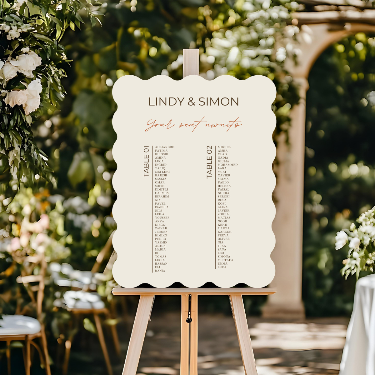 seating chart beige/terracotta scalloped elegance design