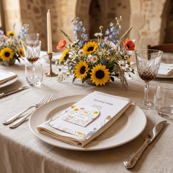 A beautifully styled table setting with a floral centerpiece of sunflowers and blue flowers, crystal wine glasses, silver cutlery, and a place setting featuring a folded cream napkin with a floral card that reads 'DINNER TIME'.