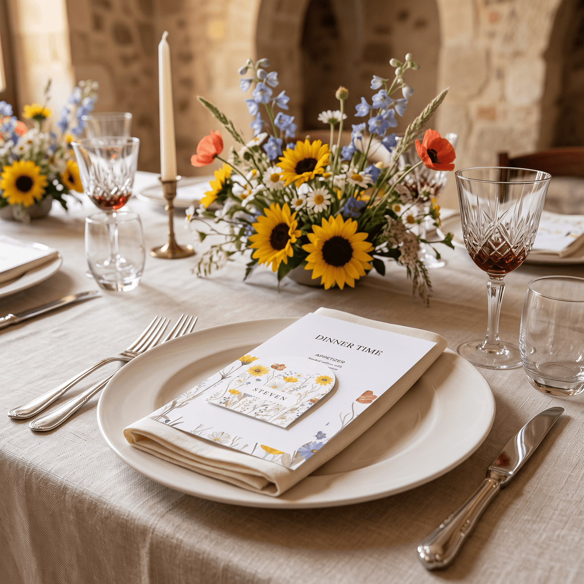 A beautifully styled table setting with a floral centerpiece of sunflowers and blue flowers, crystal wine glasses, silver cutlery, and a place setting featuring a folded cream napkin with a floral card that reads 'DINNER TIME'.