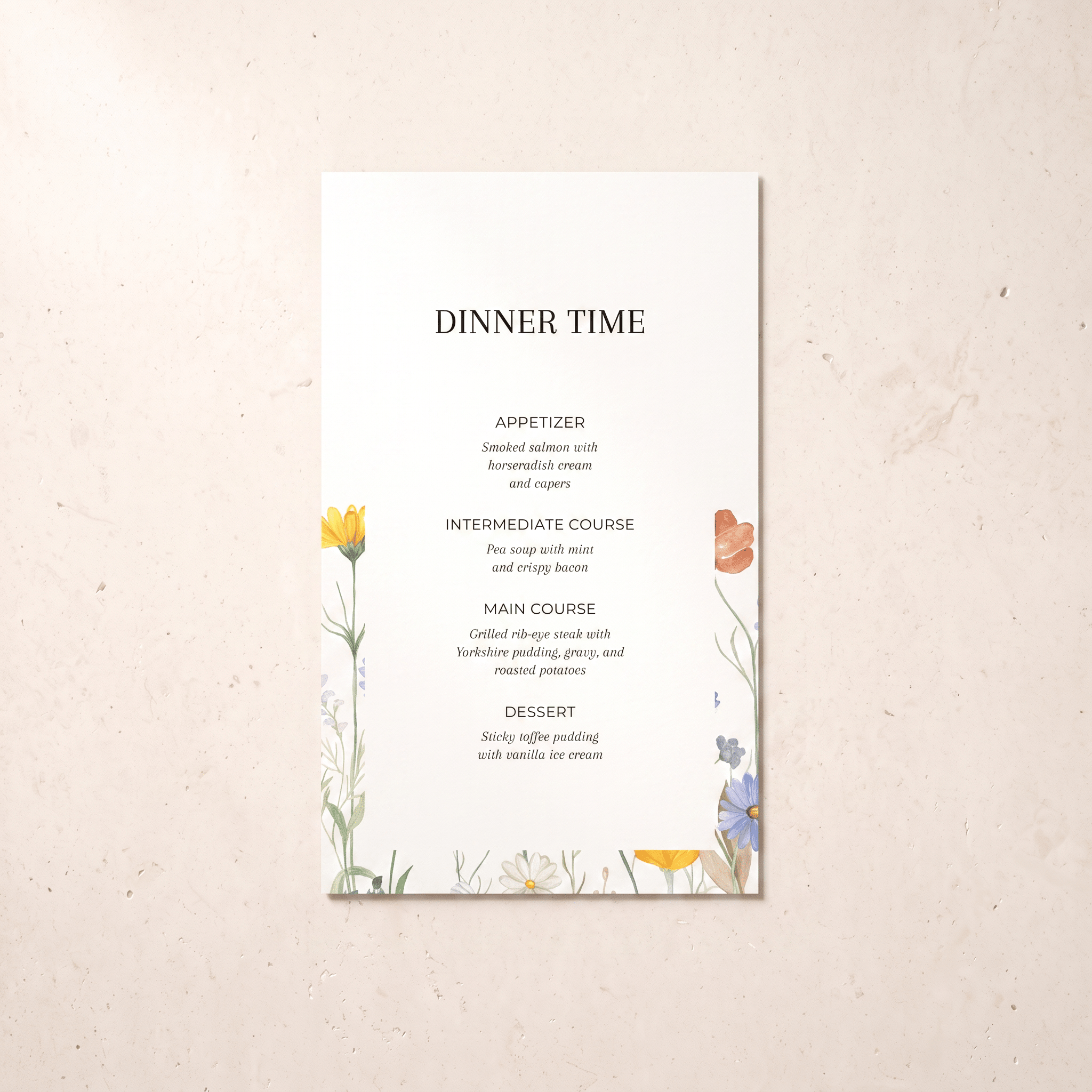 A vertical wedding program or dinner menu card with elegant black typography and delicate watercolor floral illustrations in yellow, orange, blue, and purple, displayed flat on a textured beige surface.