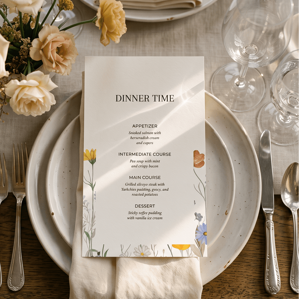 A printed dinner party menu card styled on a beige napkin over a speckled white plate at a dinner table setting with flowers, wine glasses, silverware, and a wooden table.