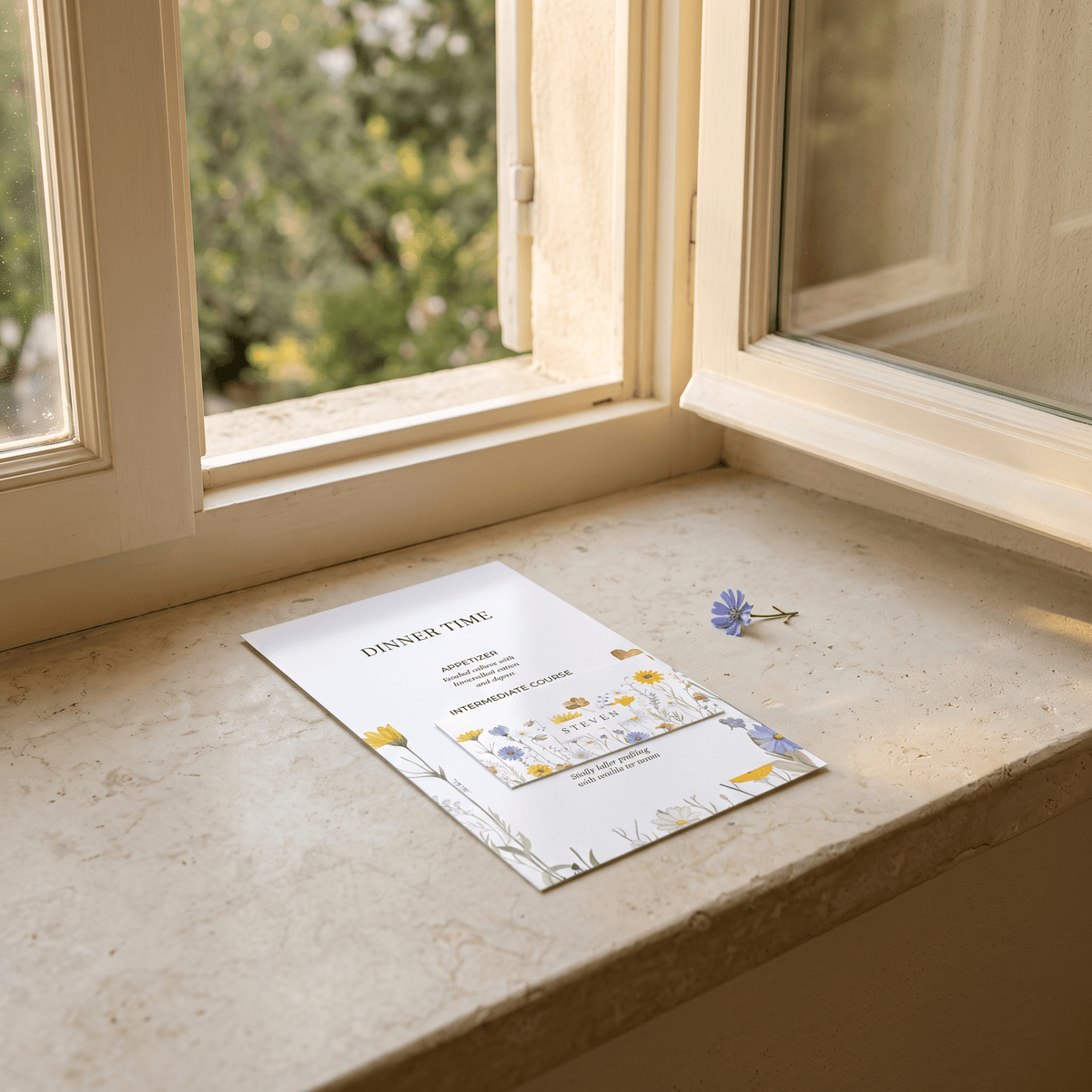 A printed invitation card with floral illustrations rests on a beige stone windowsill next to a small blue flower, with a softly blurred outdoor garden view behind it.