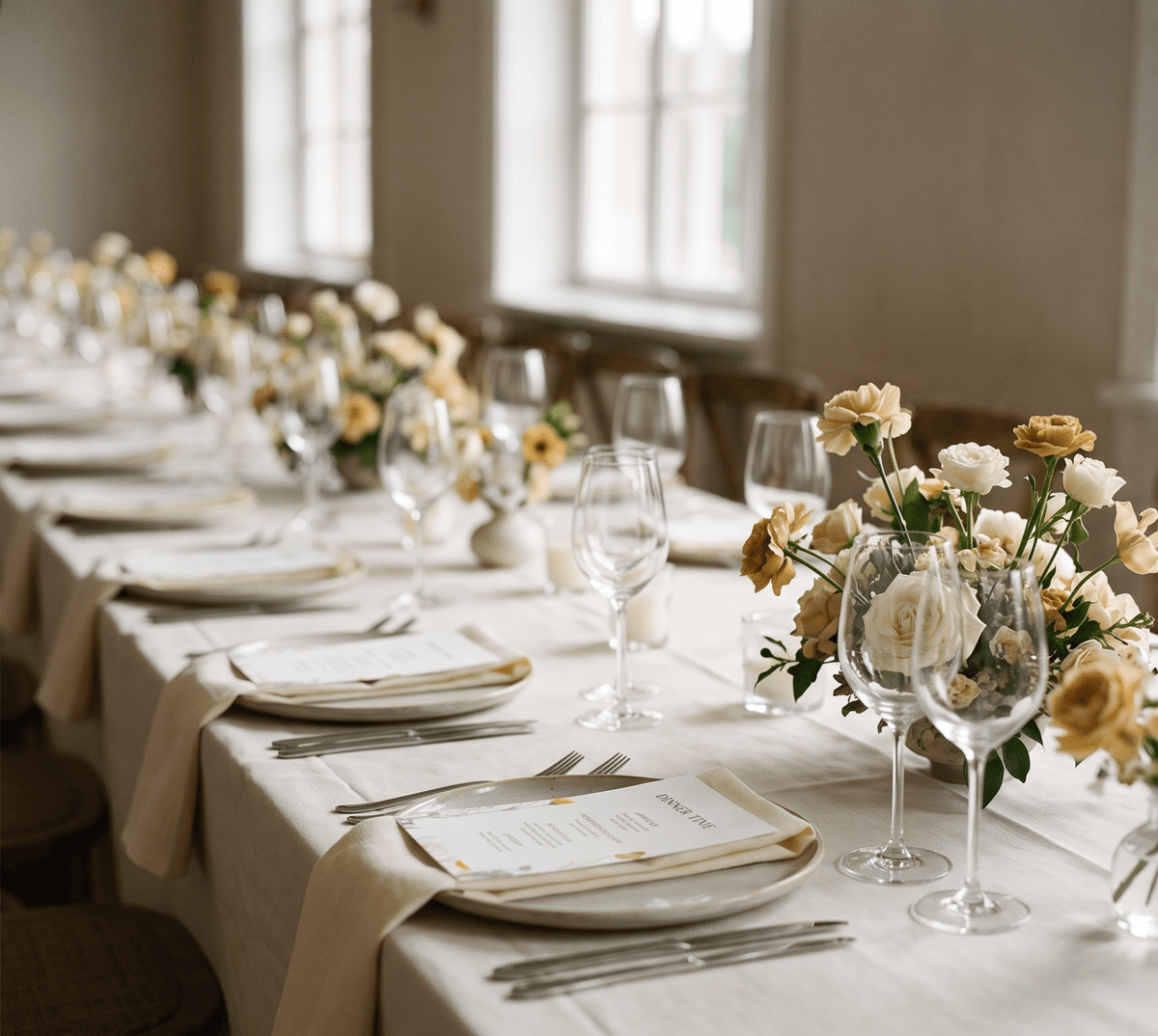 A long banquet table set with white tablecloths, layered plates, clear wine glasses, silver cutlery, and small floral centerpieces with cream and blush roses in a bright indoor event space.