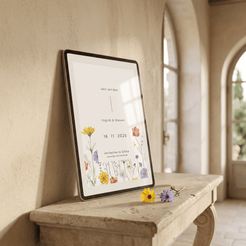 A framed wedding save-the-date card leaning against a textured beige wall on a stone bench, with small yellow and purple flowers placed in front. The card features a minimalist black frame and a white background with colorful wildflower illustrations and the names Ingrid & Steven.