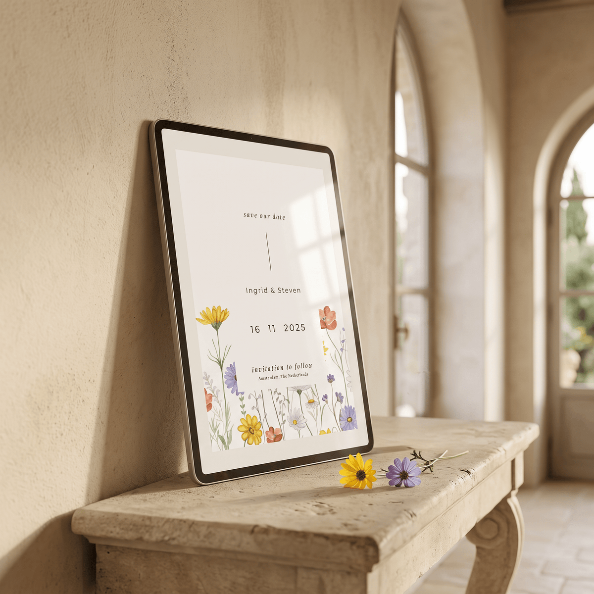 A framed wedding save-the-date card leaning against a textured beige wall on a stone bench, with small yellow and purple flowers placed in front. The card features a minimalist black frame and a white background with colorful wildflower illustrations and the names Ingrid & Steven.