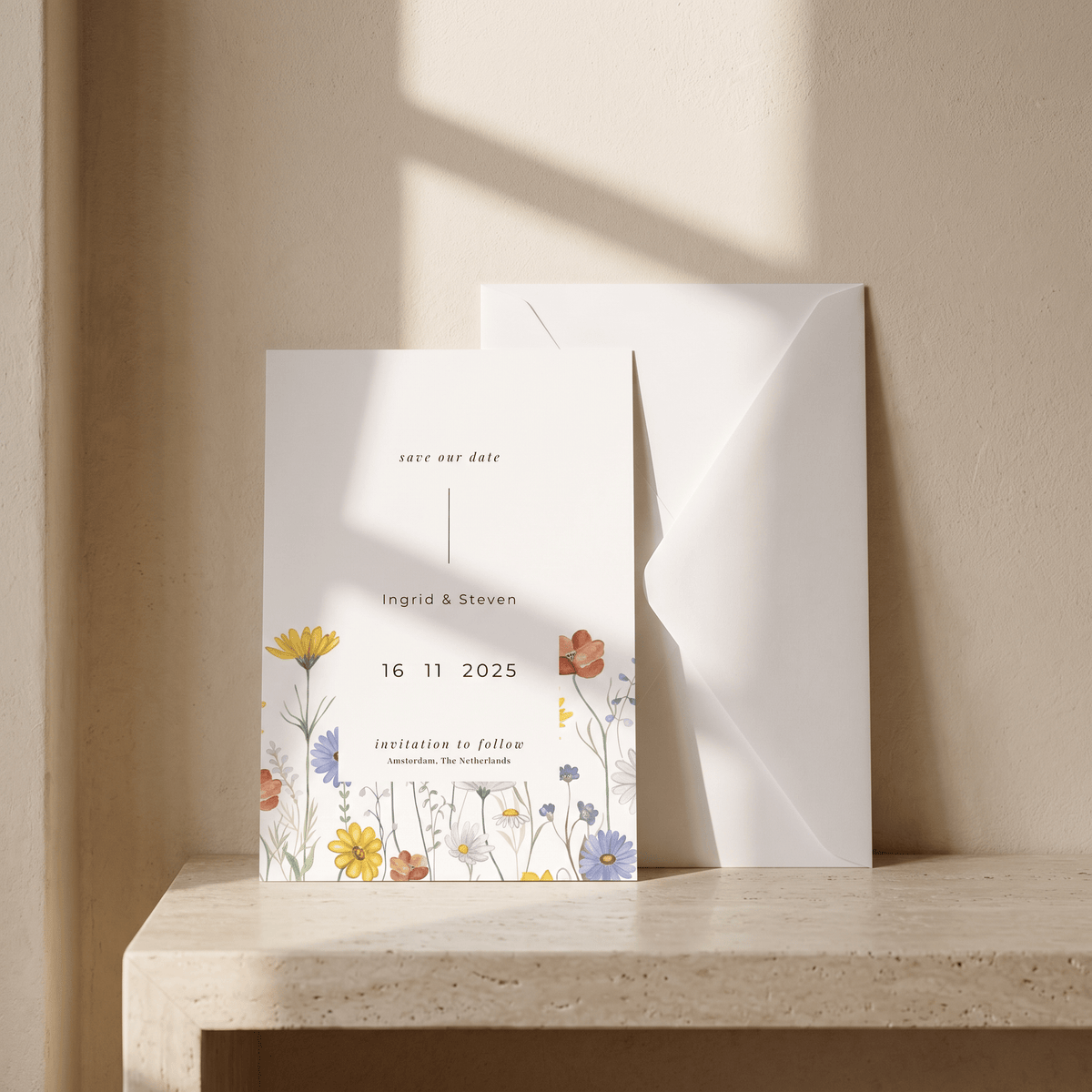 A white wedding save-the-date card with delicate multicolor wildflower illustrations at the bottom, standing on a stone ledge next to a white envelope against a warm beige wall with soft window shadows.