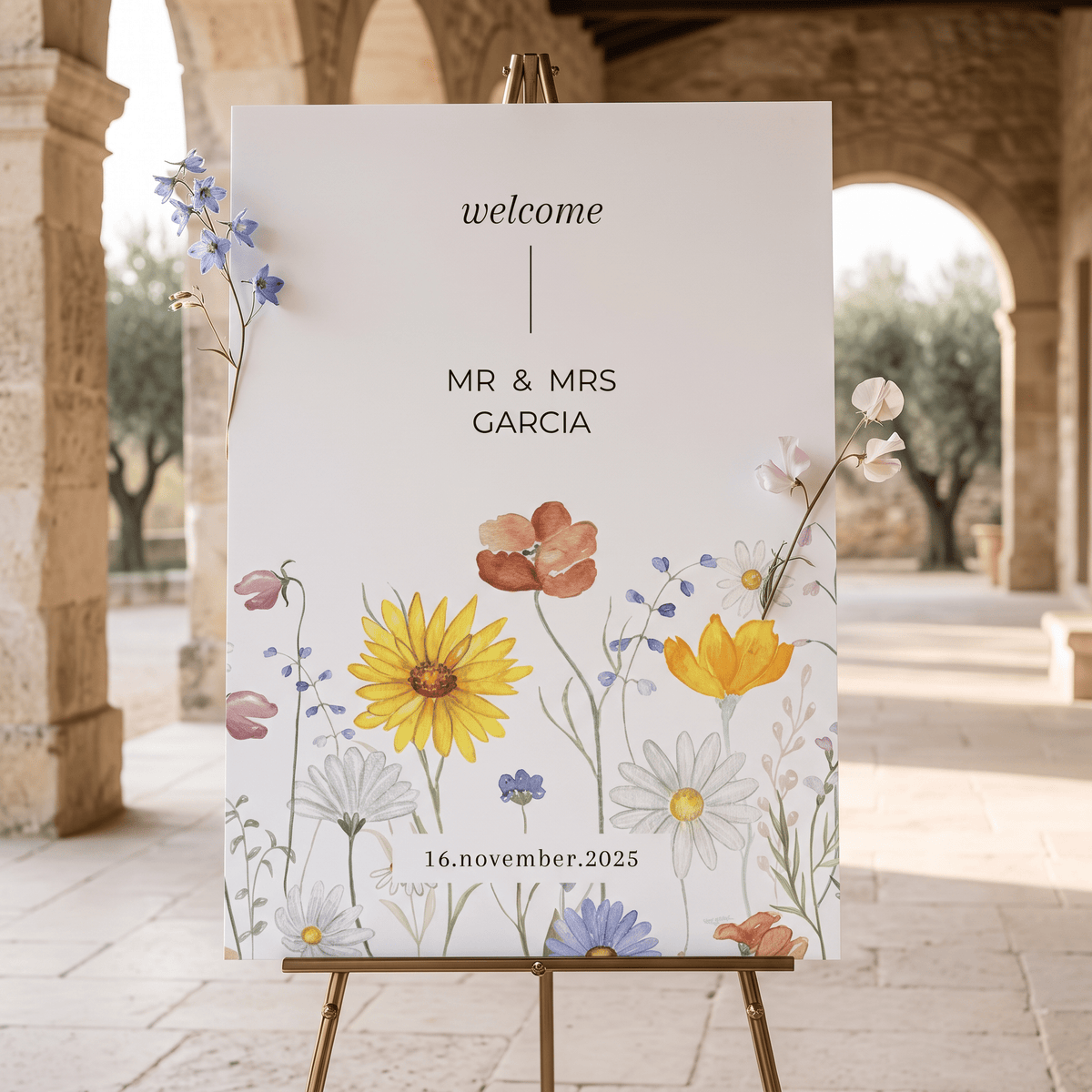A personalized wedding welcome sign on a gold easel, featuring a white background with colorful watercolor wildflowers and the text 'welcome MR & MRS GARCIA 16.november.