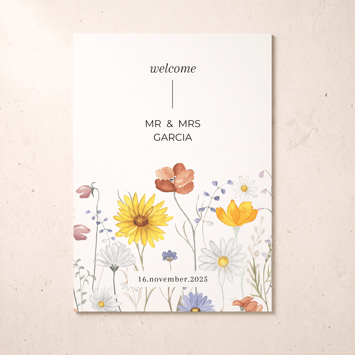 A vertical wedding welcome card with a white background, printed with the text 'welcome', 'MR & MRS GARCIA', and the date '16.november.
